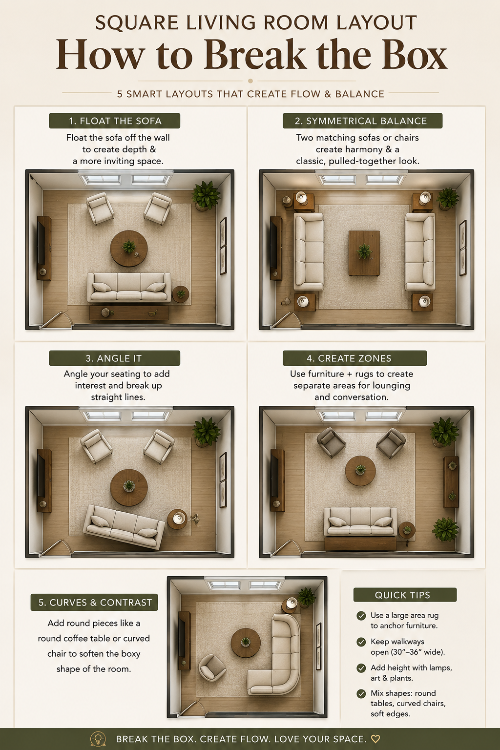 Pinterest graphic reading Square Living Room Layout How to Break the Box over an overhead diagram of five arrangements