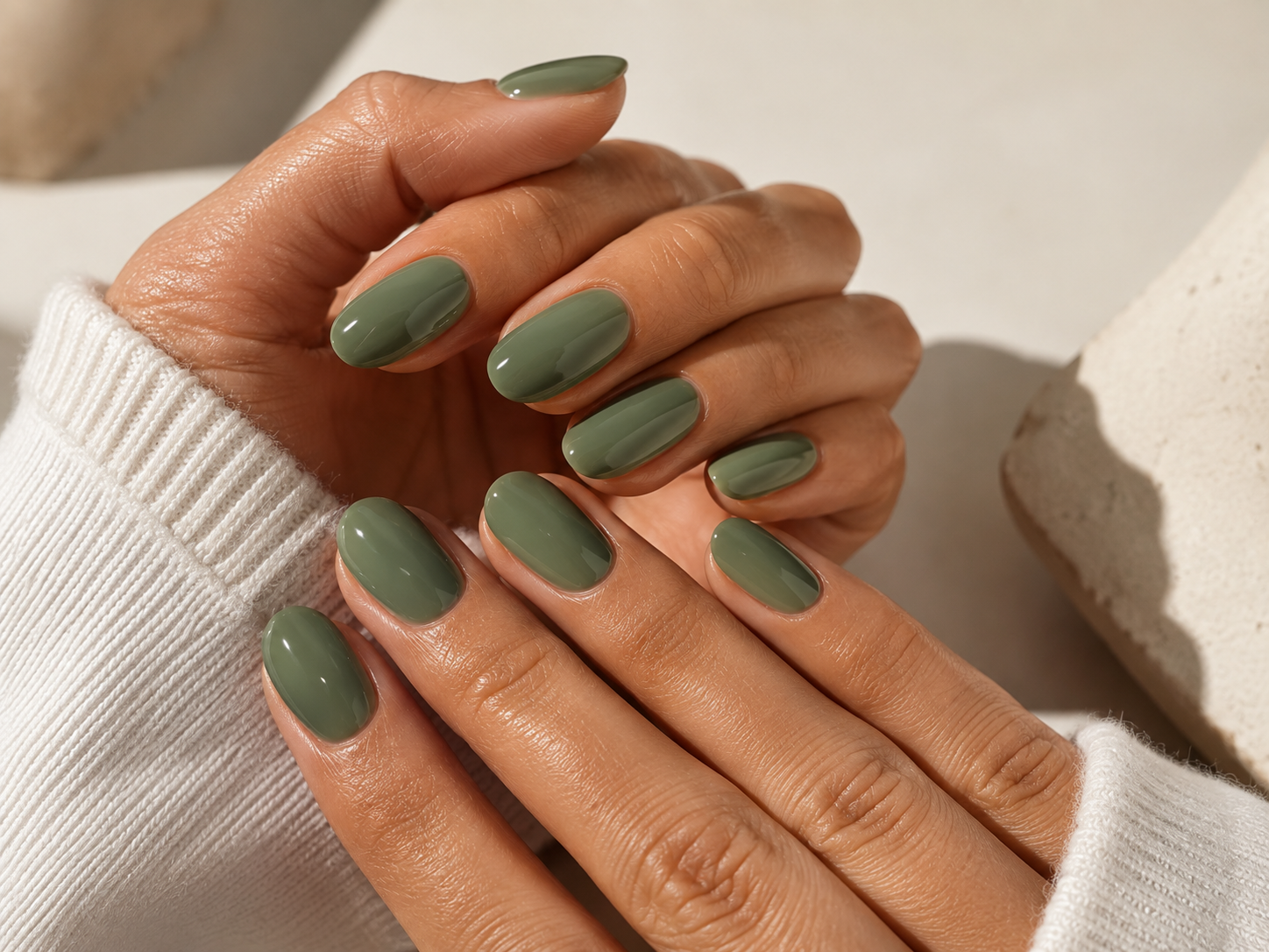 Close up of hands with a jade green glossy manicure, one of the most searched nail trends of 2026