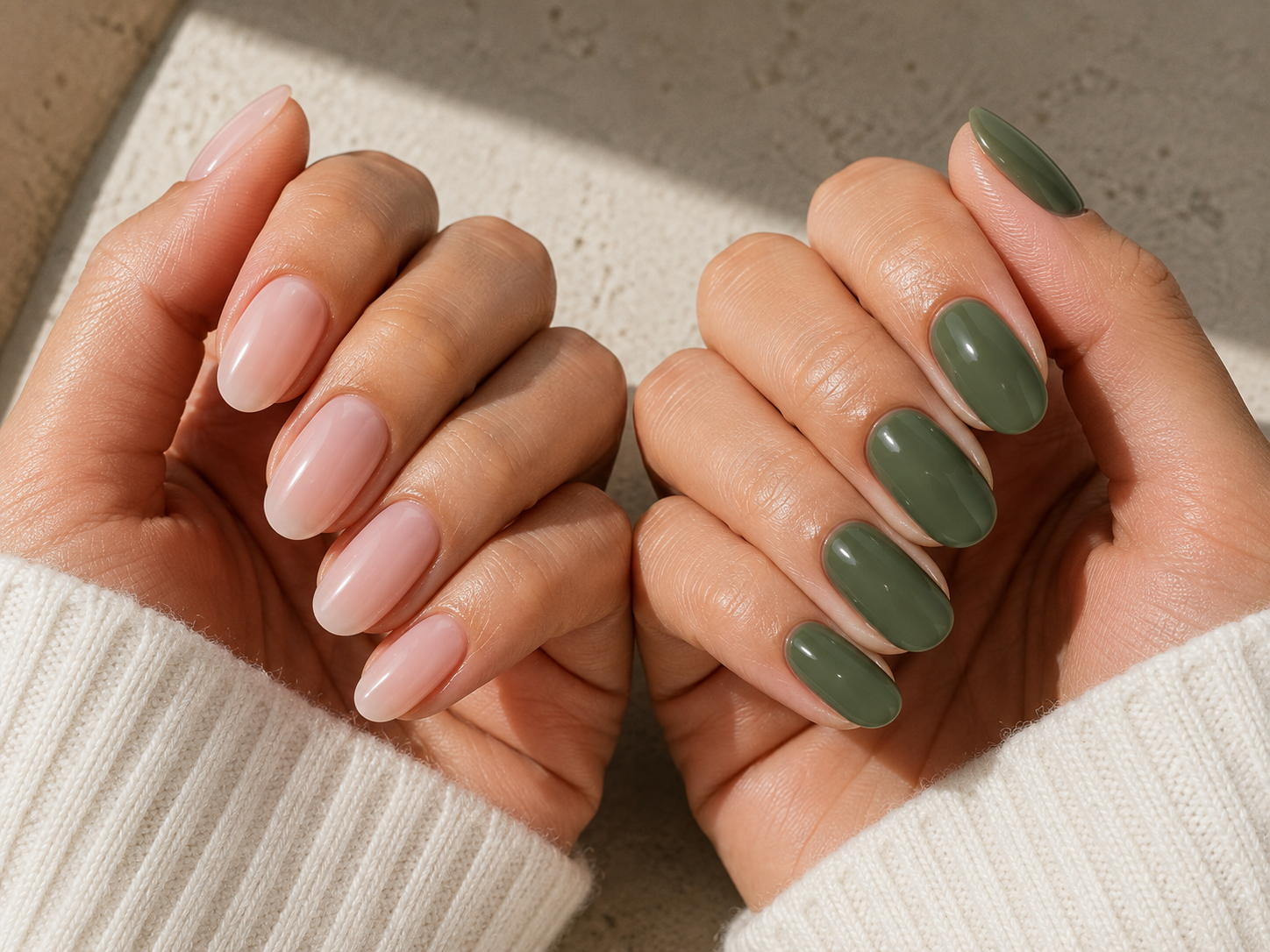 Two manicured hands side by side, one in a sheer milky pink polish and one in a deep saturated jade green