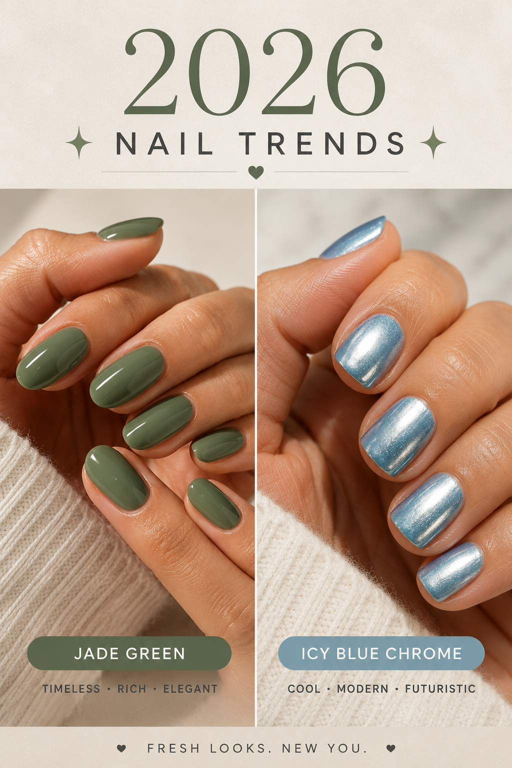 Pinterest graphic reading 2026 Nail Trends over a split image of jade green and icy blue chrome manicures