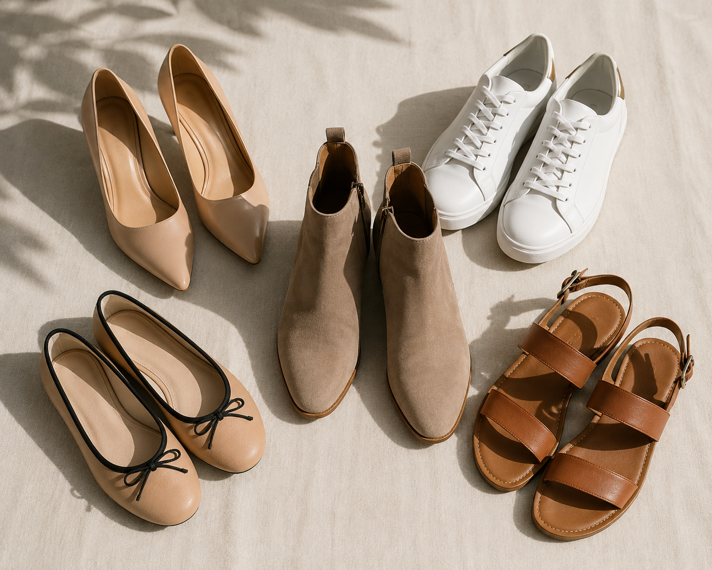  Five pairs of shoes arranged in a flat lay &mdash; nude heels, white sneakers, ankle boots, ballet flats and a sandal 