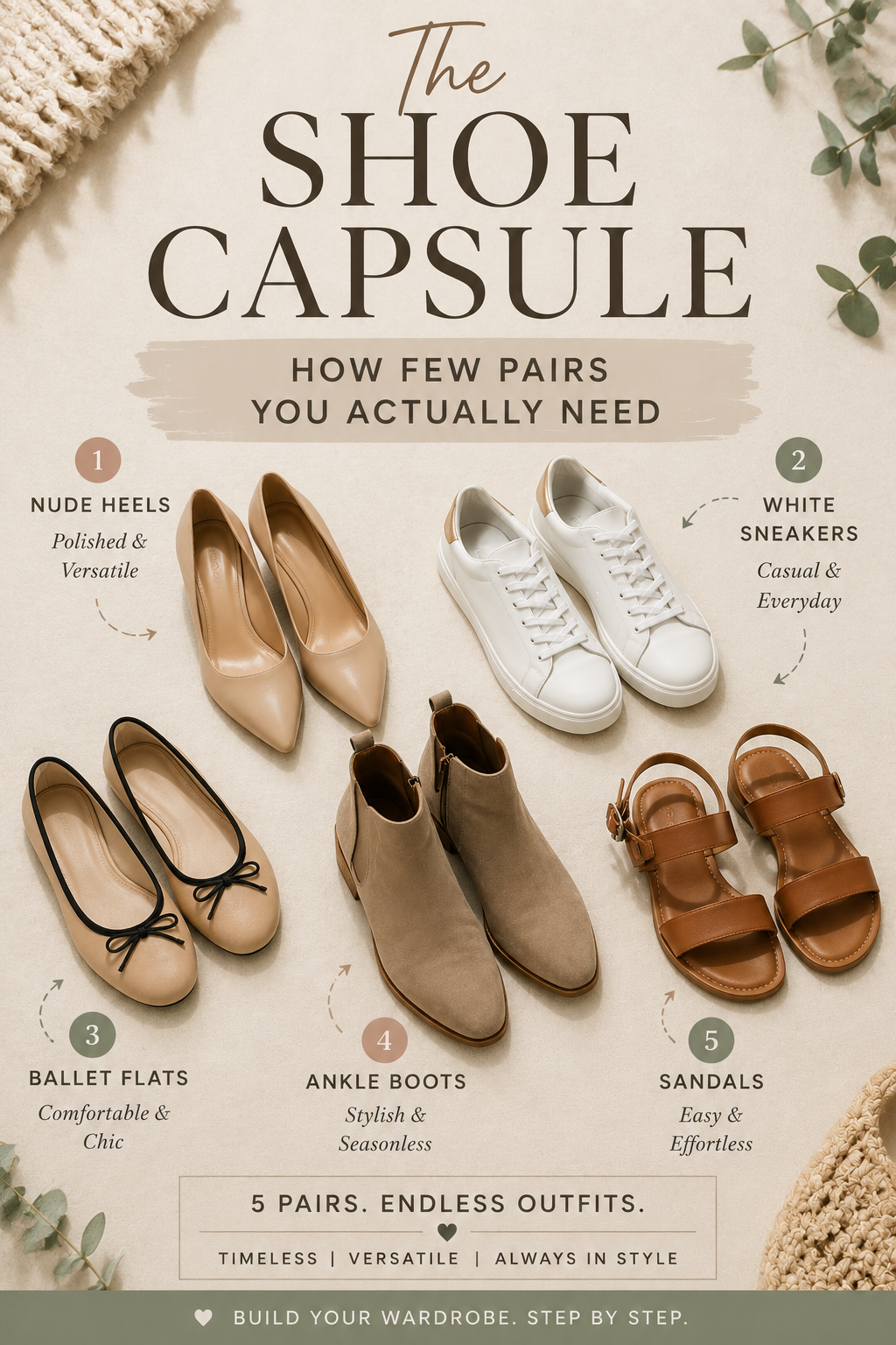 Pinterest graphic reading The Shoe Capsule How Few Pairs You Actually Need over five shoes in a flat lay