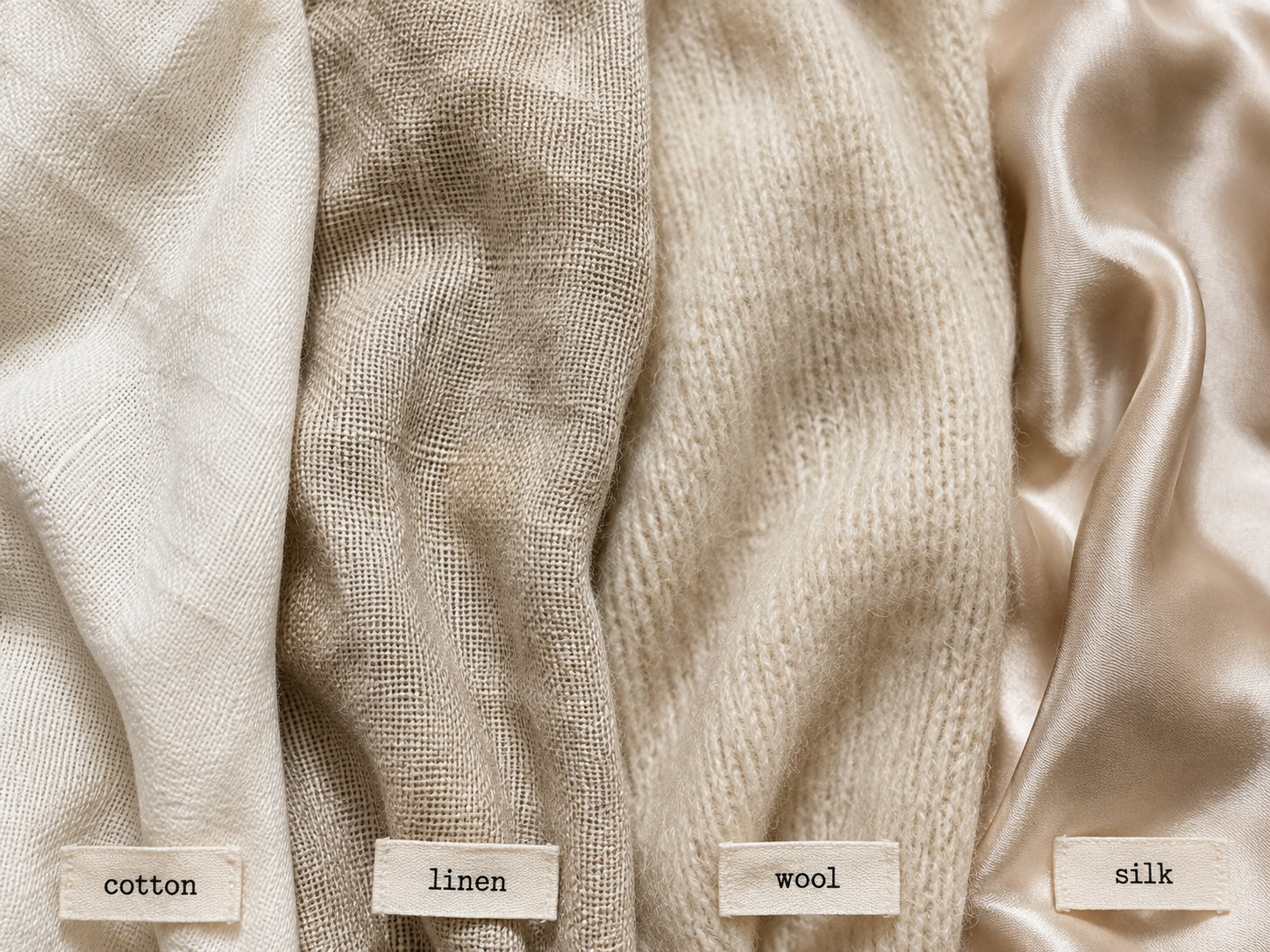 Swatches of cotton, linen, wool and silk laid side by side showing their different textures