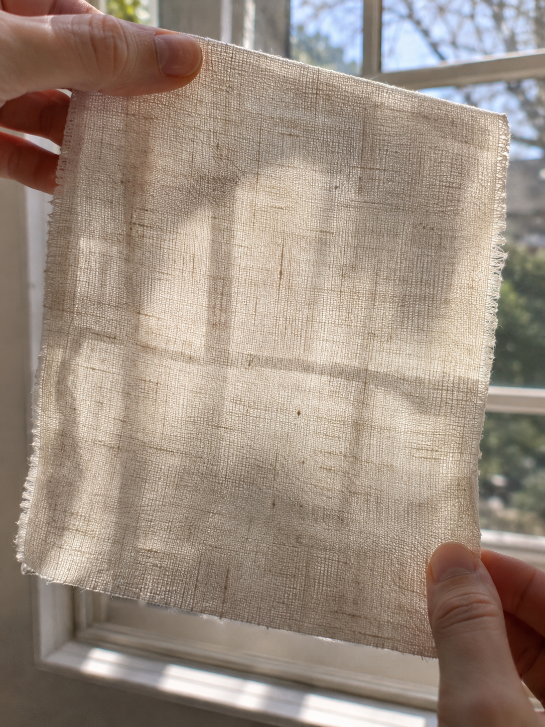 A shirt fabric held up against a window showing how much light passes through the weave
