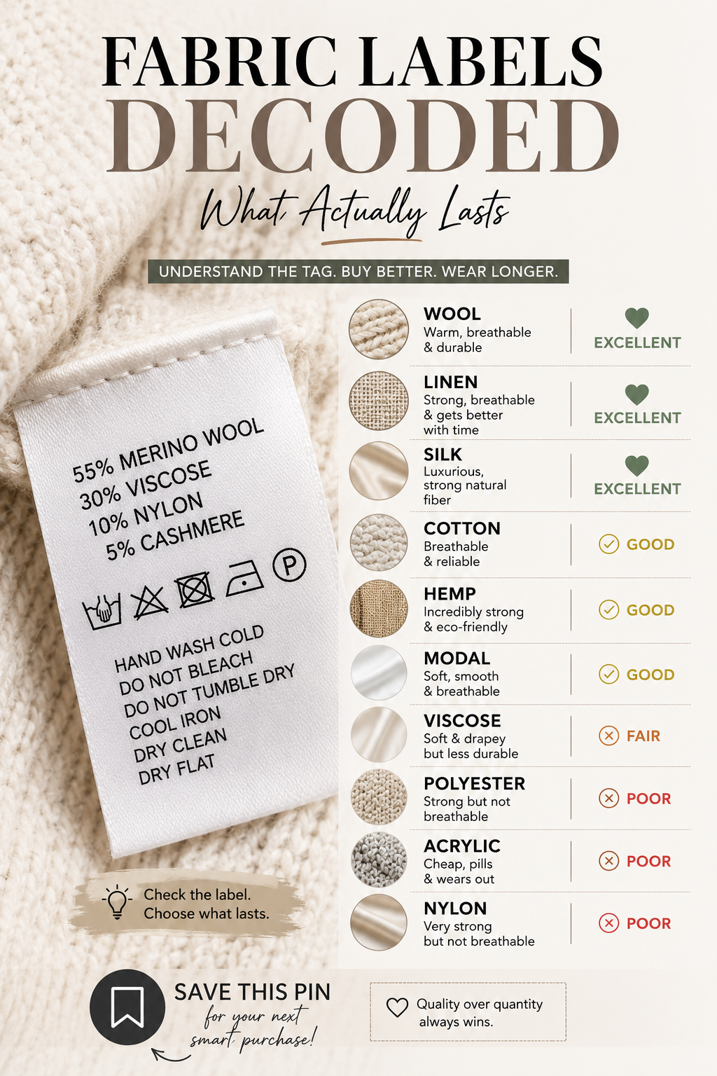 Pinterest graphic reading Fabric Labels Decoded What Actually Lasts over a close up of a clothing label