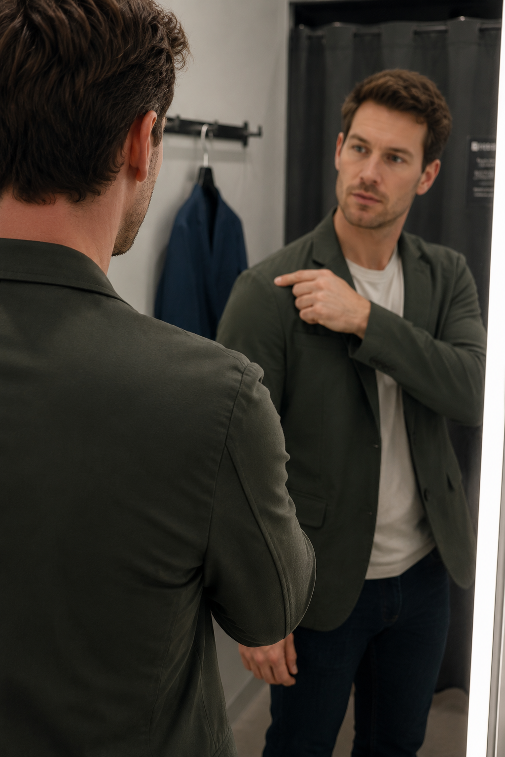 Person in a fitting room mirror checking where the shoulder seam of a jacket sits