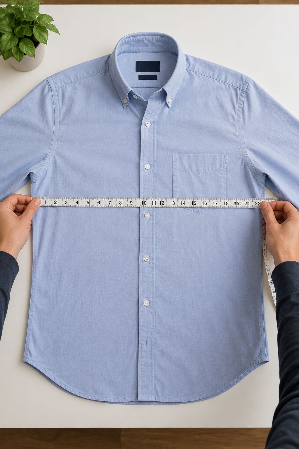 A shirt laid flat on a table with a soft measuring tape across the chest measuring the width