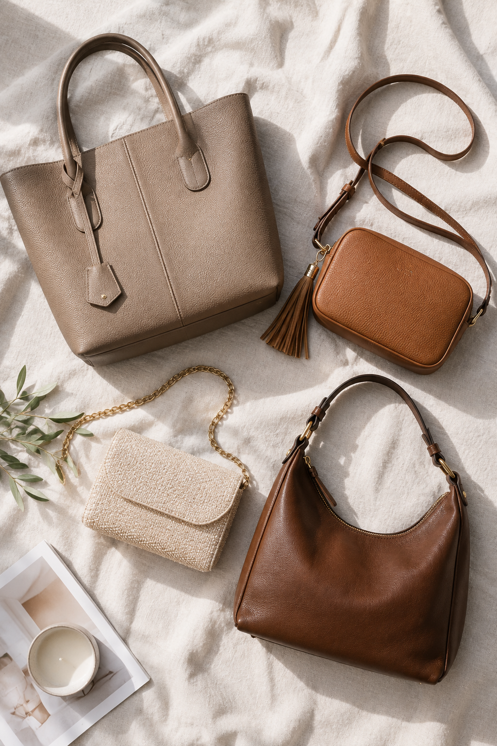 Four handbags arranged in a flat lay a structured tote, a crossbody, a small evening bag and an everyday shoulder bag