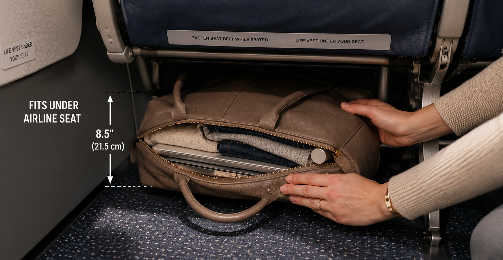 A soft structured weekend bag partially packed showing it compresses to fit under an airline seat