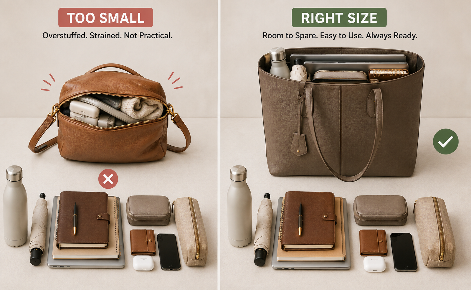 Comparison of an overstuffed small bag straining at the zipper beside a properly sized tote holding the same contents comfortably