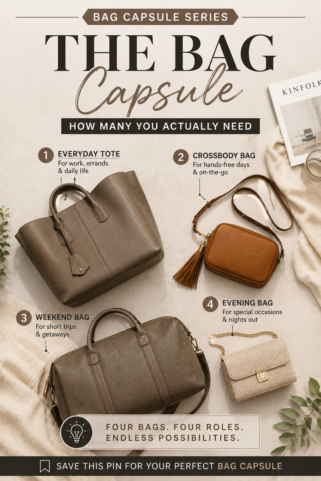 Pinterest graphic reading The Bag Capsule How Many You Actually Need over four bags in a flat lay