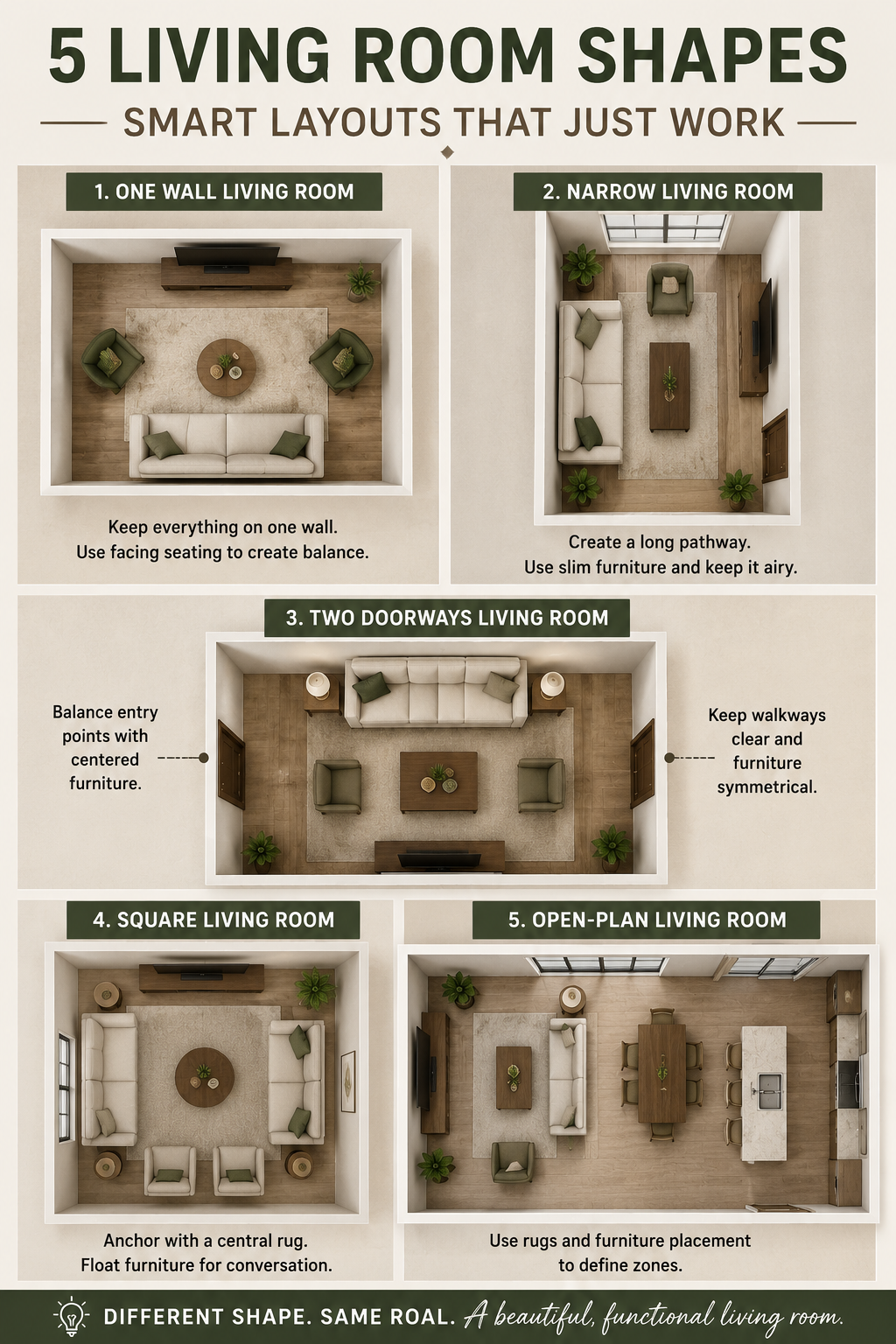 A grid of five different living room shapes each with furniture arranged to solve that room's specific layout problem