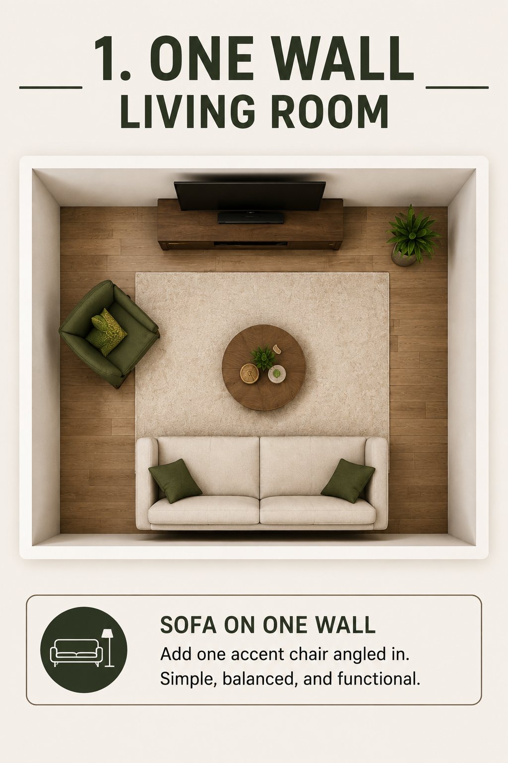 Thumbnail diagram showing a sofa on one wall with an armchair angled inward, representing the one-wall layout solution