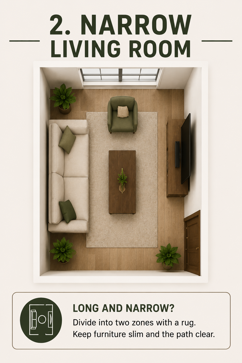 Thumbnail diagram showing a narrow living room divided into two zones with a rug running across its width