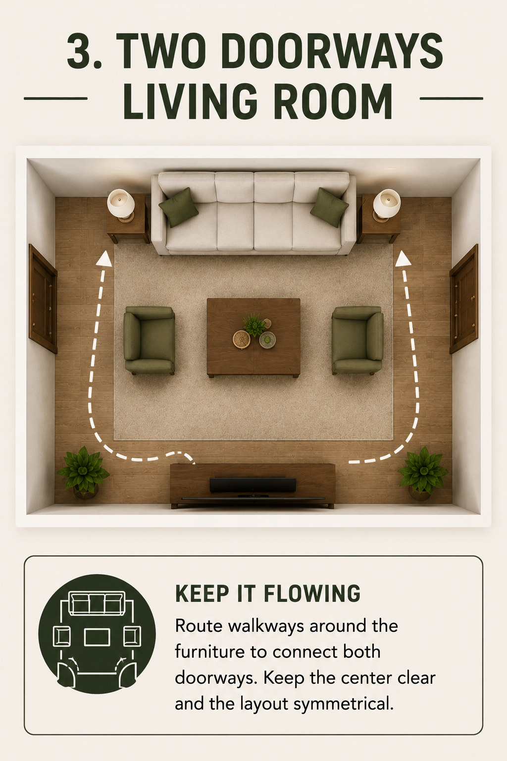 Thumbnail diagram with arrows showing a walking route between two doorways routed around a seating area