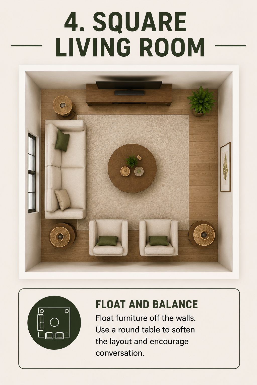 Thumbnail diagram showing a square living room with the sofa floated off-center and a round coffee table