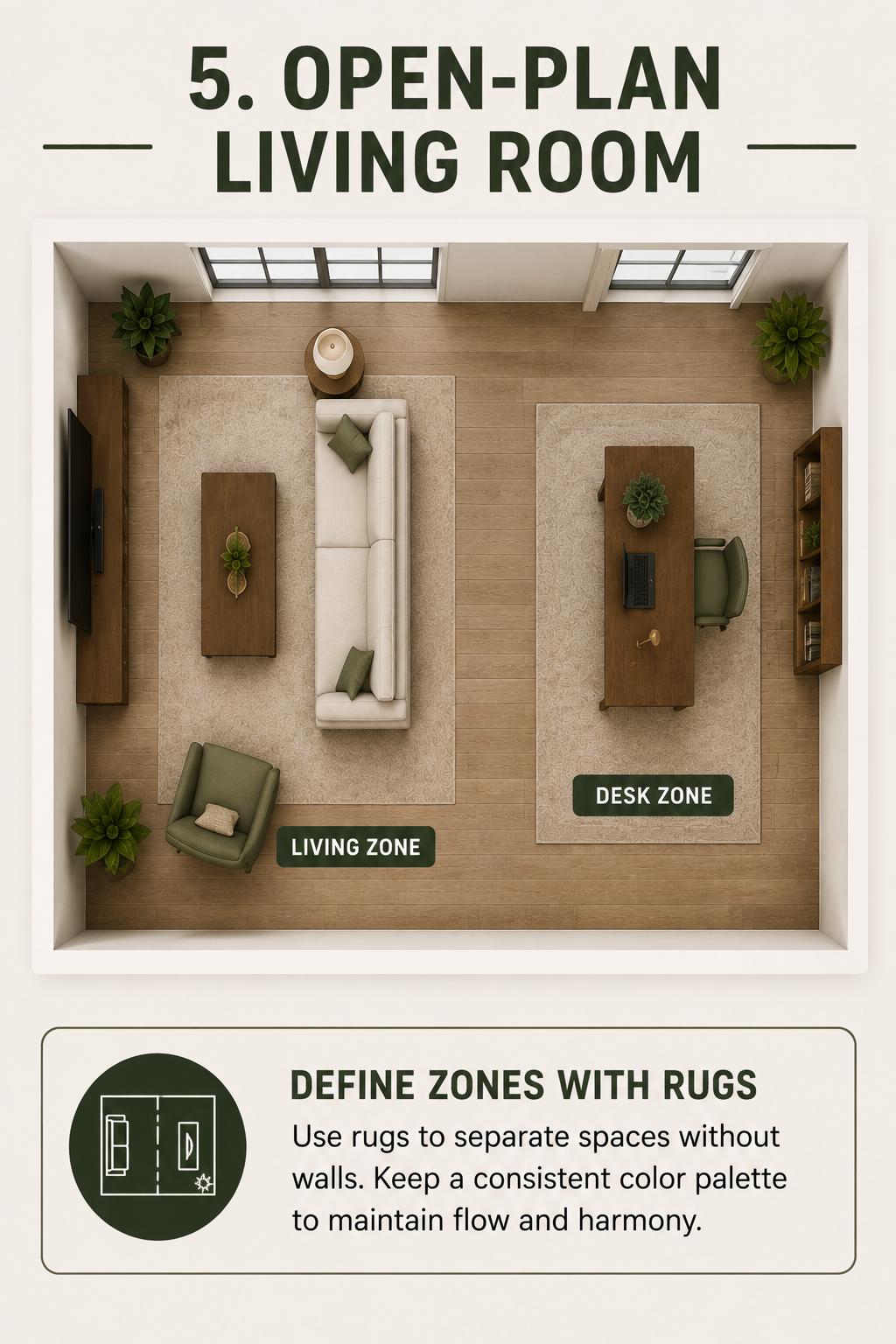 Thumbnail diagram showing one open room divided into a living zone and a desk zone using two rugs