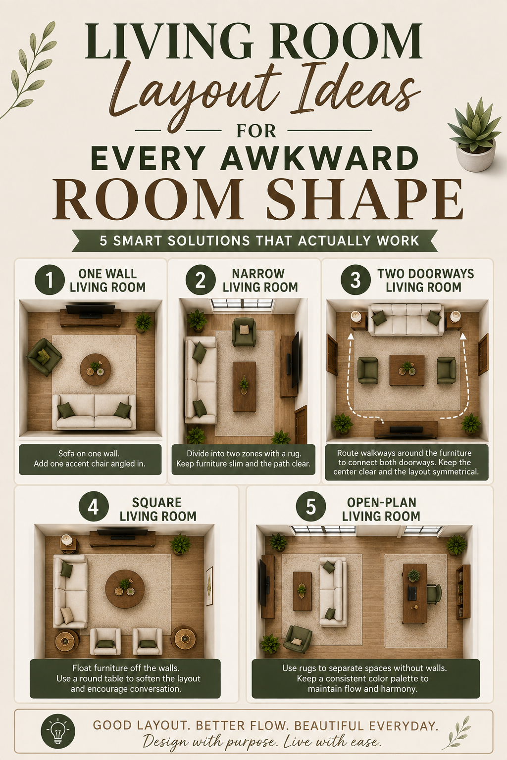 Pinterest graphic reading Living Room Layout Ideas for Every Awkward Room Shape over a grid of five room diagrams