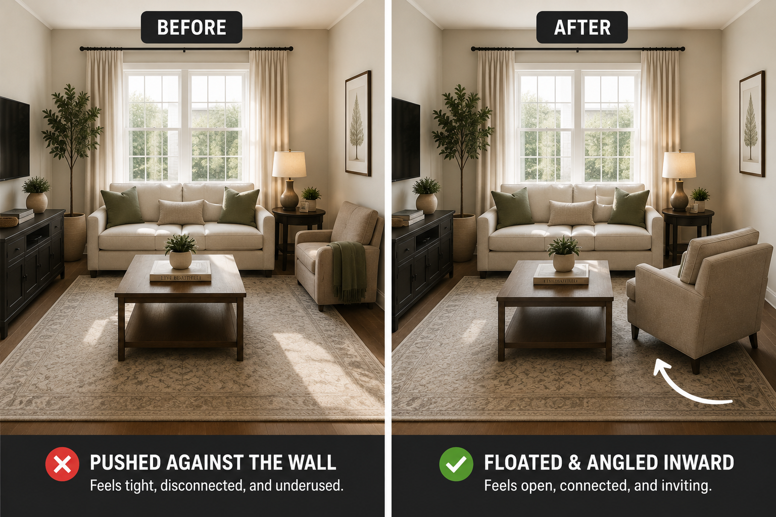 Before and after of an armchair pushed against a wall and then floated and angled toward a sofa