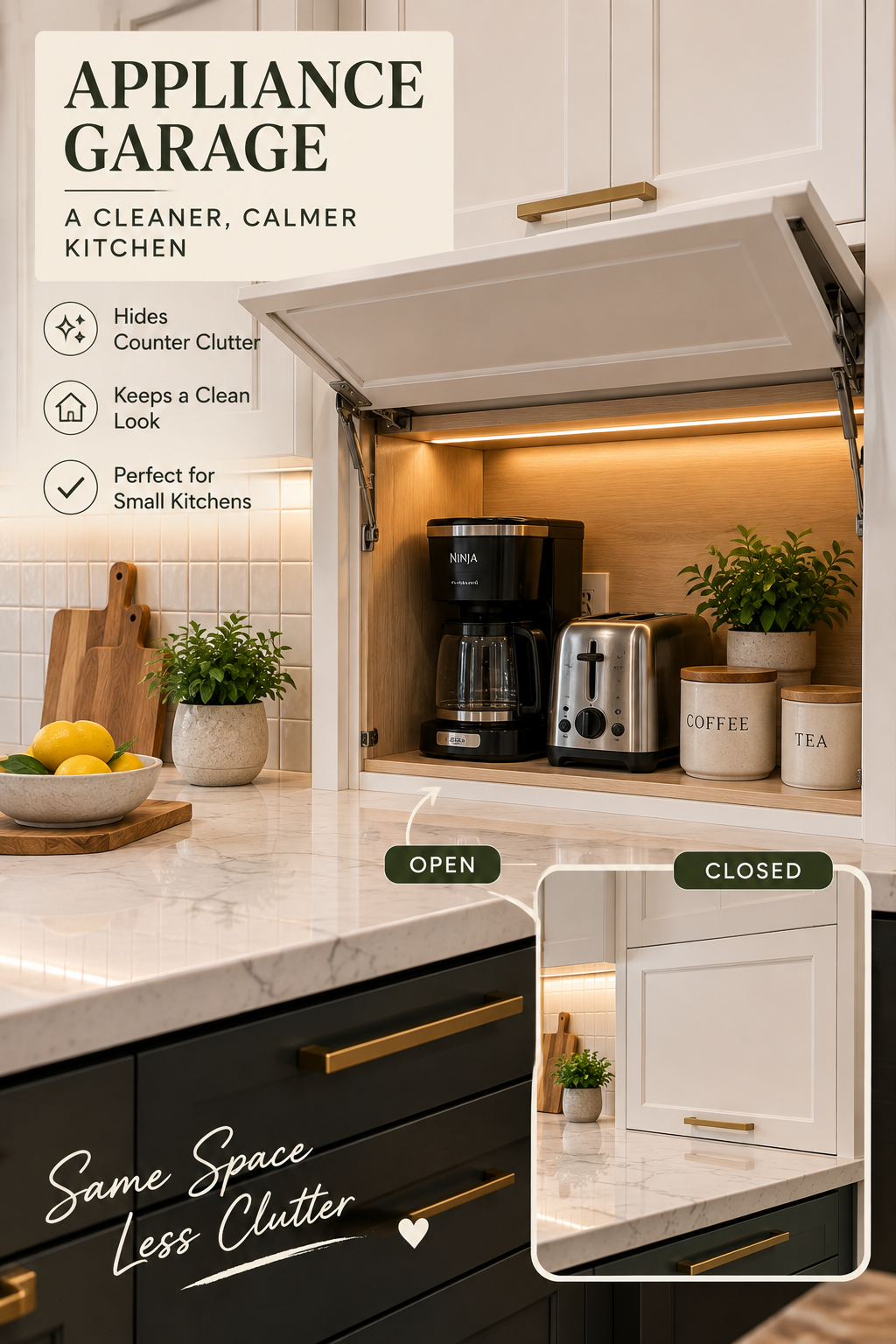 An appliance garage cabinet with a lift up door concealing a coffee maker and toaster on a kitchen counter