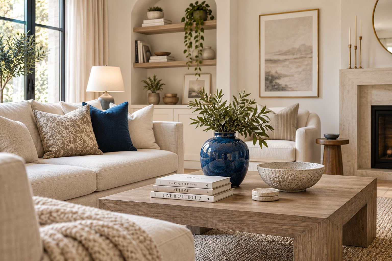 A mostly neutral cream and beige living room with one deep blue ceramic vase as the single strong color accent
