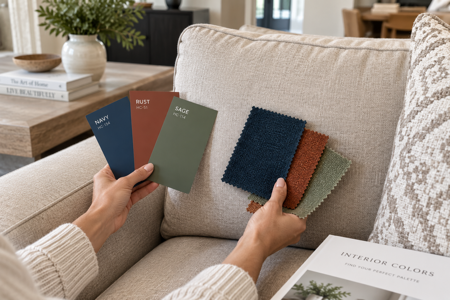Several fabric and paint swatches in blue, rust and green held up against a neutral beige sofa to test accent colors