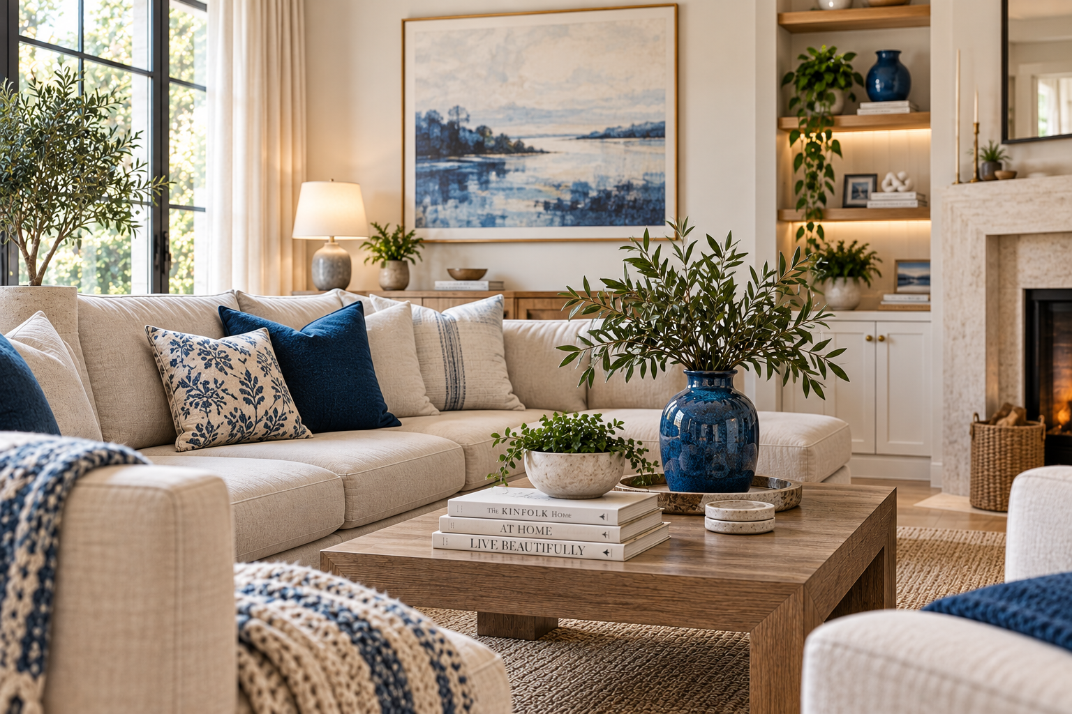 A blue cushion, a blue ceramic vase and a small artwork with blue tones repeated across a neutral living room