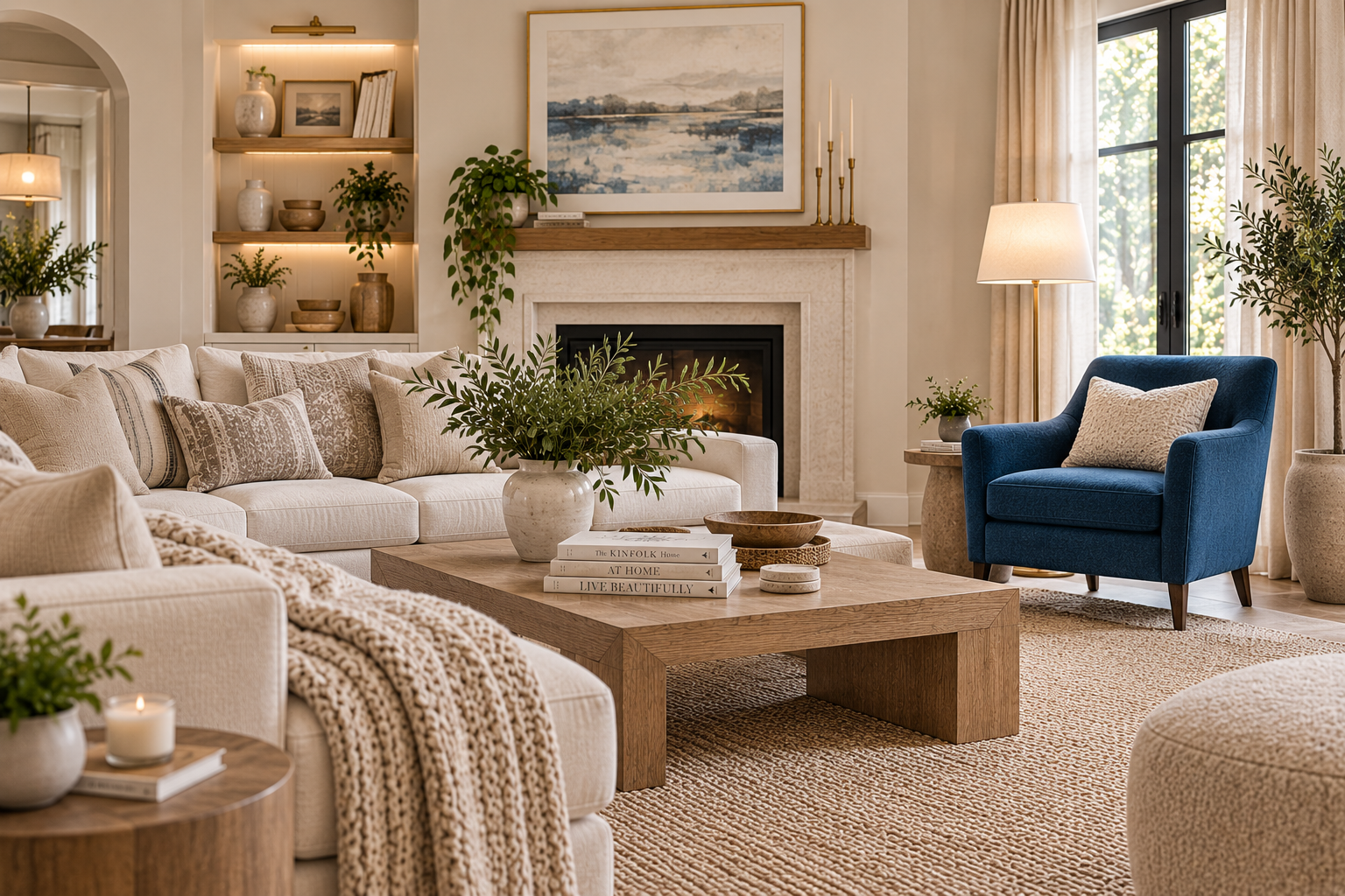 A warm neutral living room with cream and oatmeal tones, textured throws, and one blue accent chair as the focal point