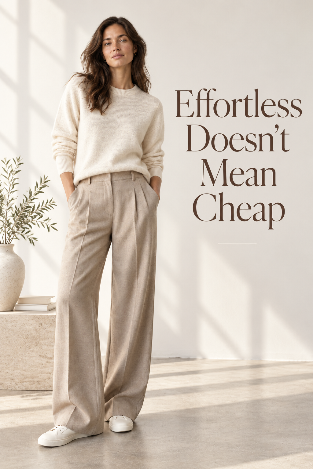 Pinterest graphic reading Effortless Doesn't Mean Cheap over a simple neutral outfit of a quality sweater and trousers