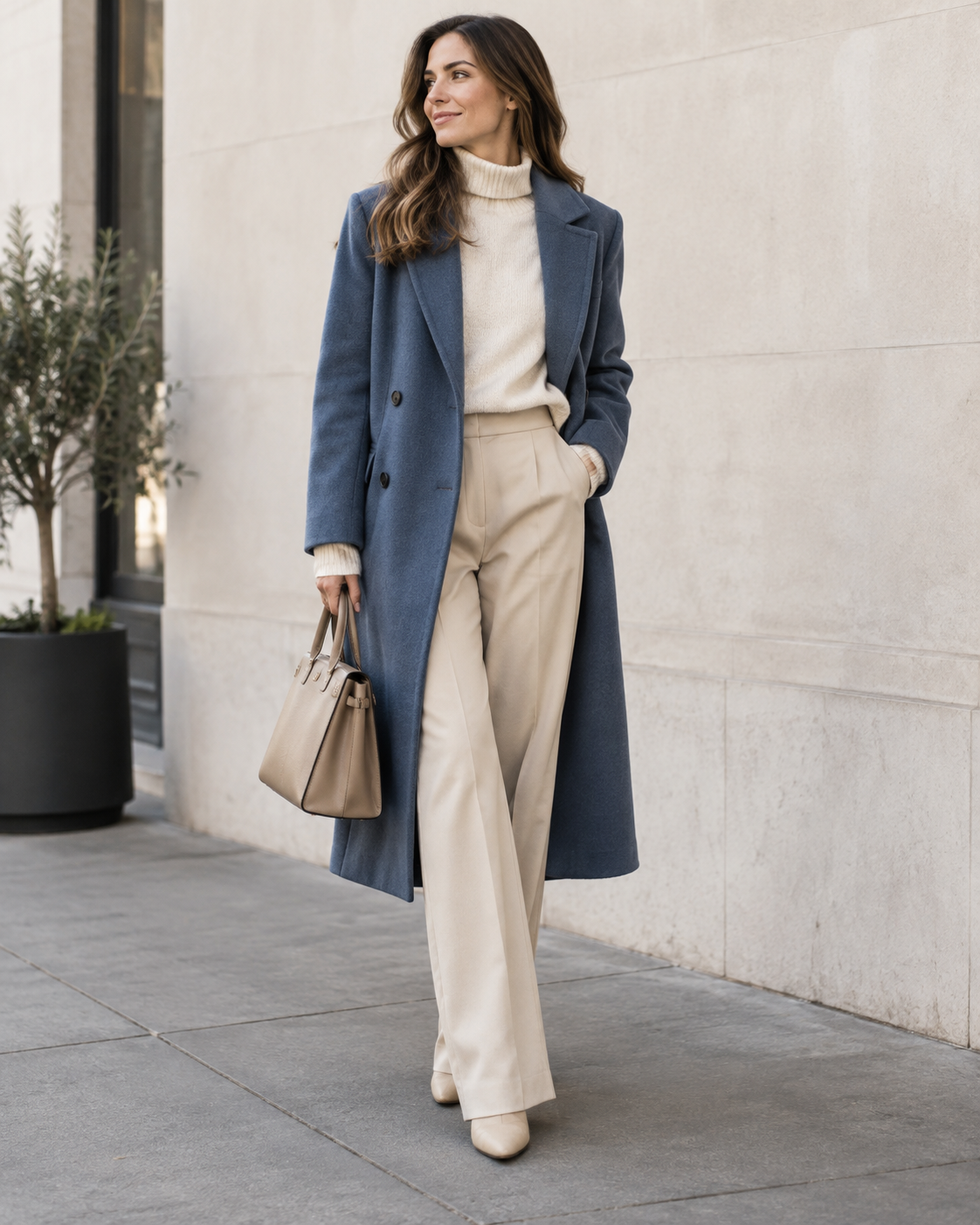 A woman in a mostly neutral outfit of cream and beige with one deep icy blue coat as the single strong color piece