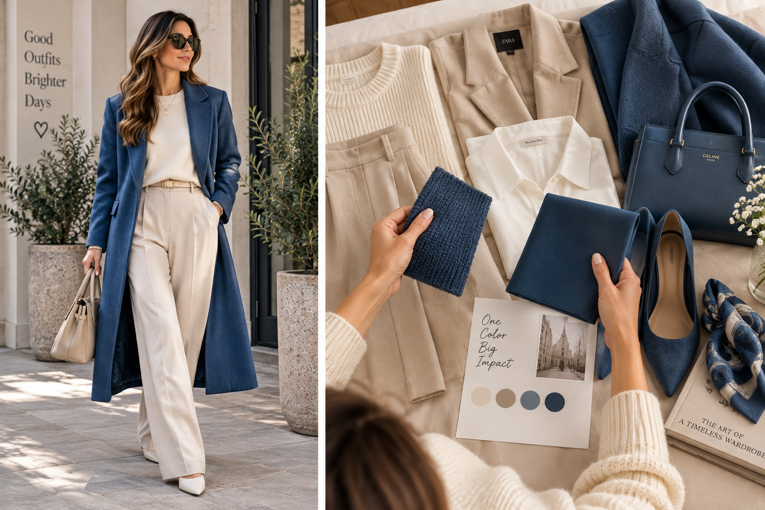 Several blue clothing and accessory pieces held up against neutral beige and cream garments to test the accent