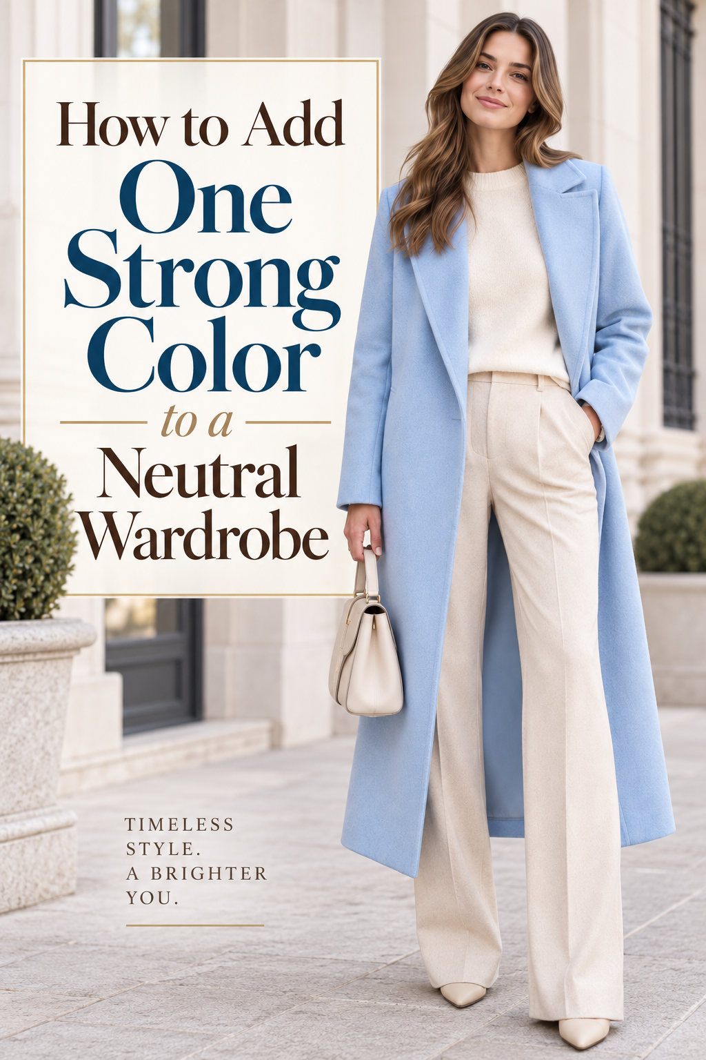 Pinterest graphic reading How to Add One Strong Color to a Neutral Wardrobe over an icy blue coat with neutral outfit underneath