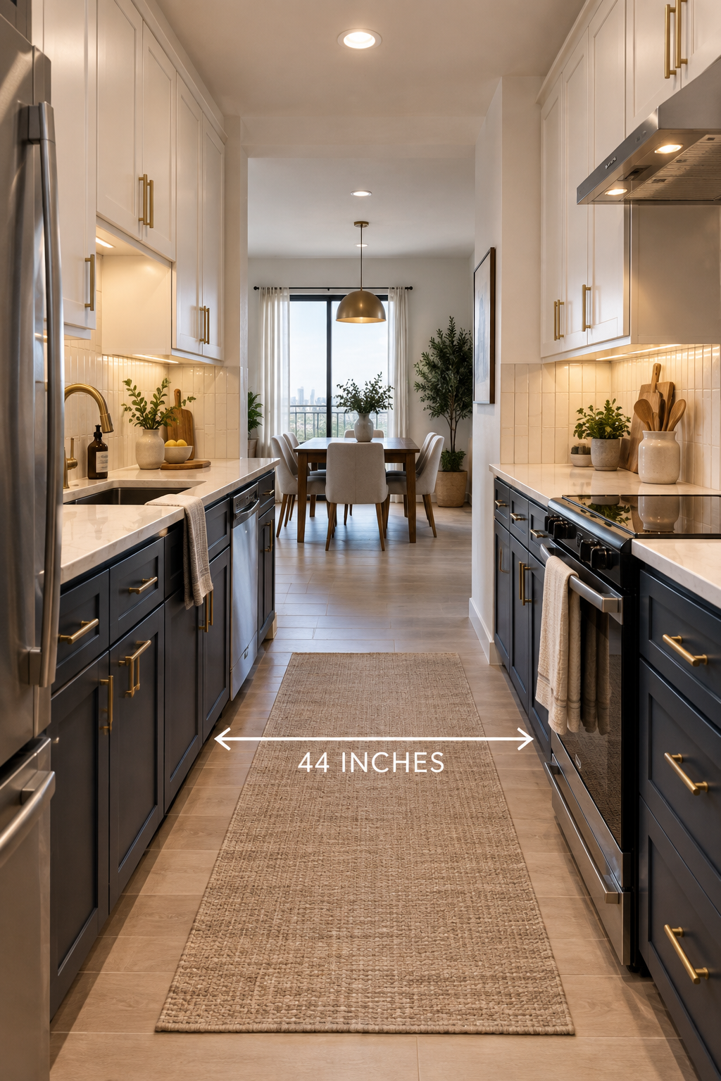 A galley kitchen with two parallel counters and one open end leading into a dining area, corridor width clearly visible