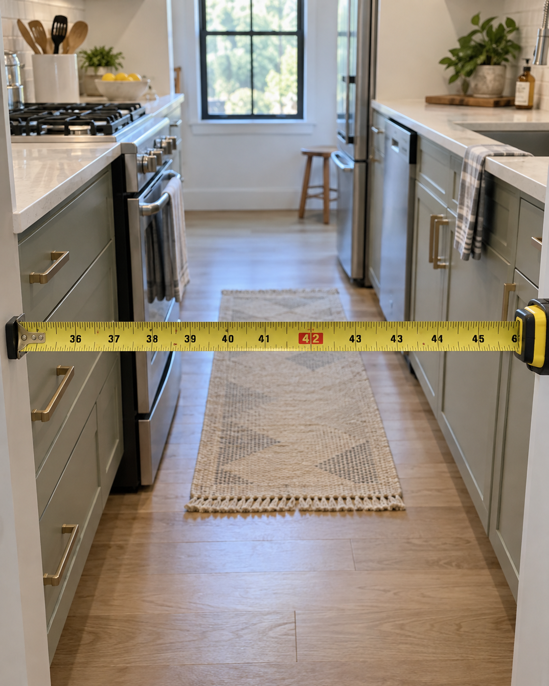 A tape measure stretched between two galley kitchen counters showing 42 inches of clearance