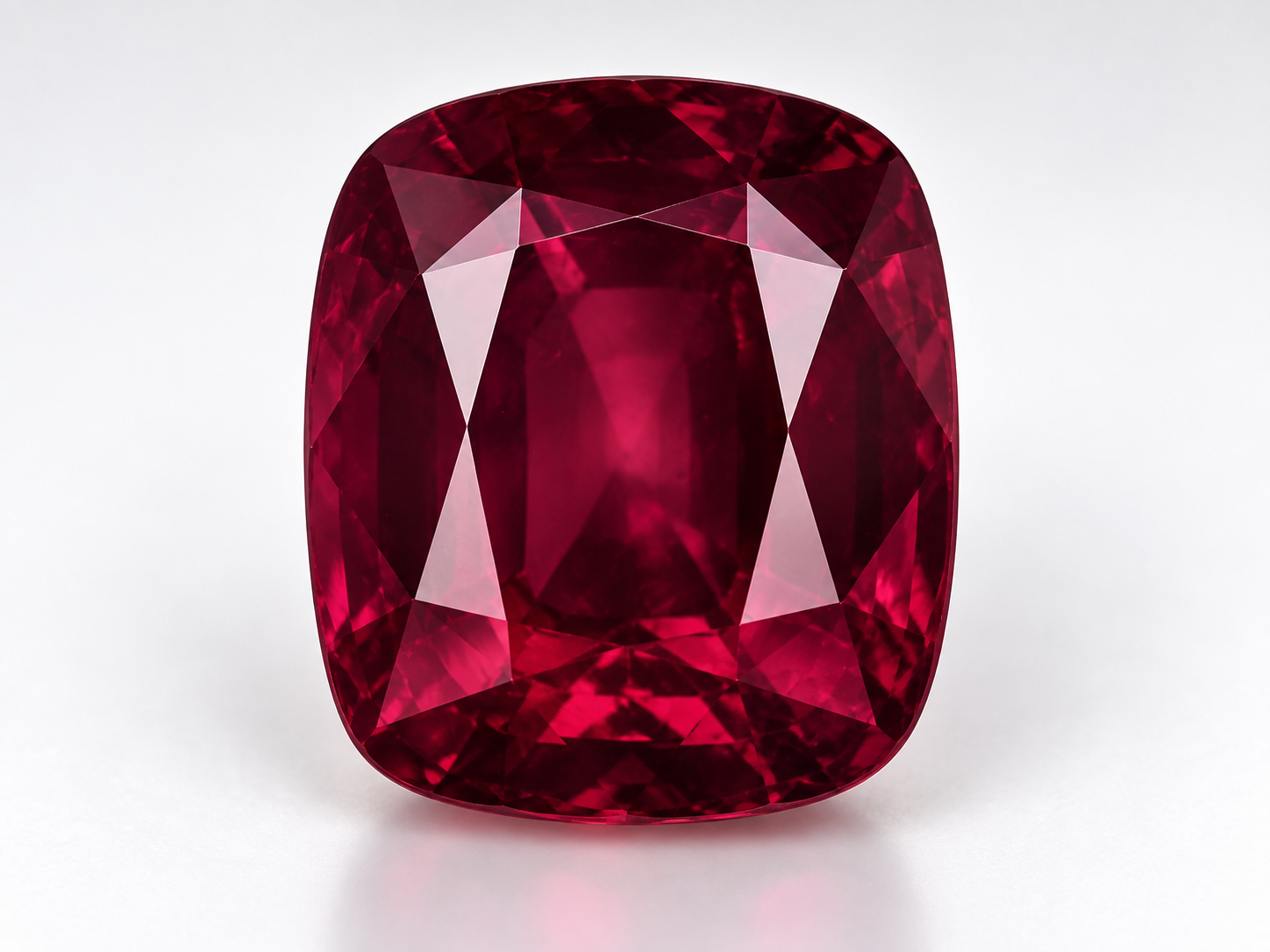Close detail of a natural ruby in cushion cut showing purple-red colour with pink-red reflections