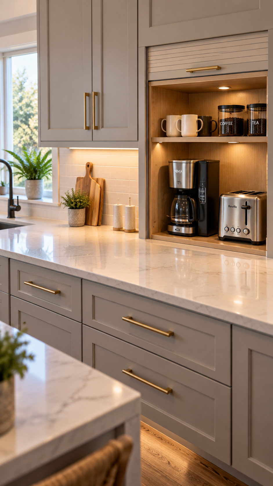 A kitchen counter completely clear next to an open appliance garage cabinet showing a coffee maker and toaster inside