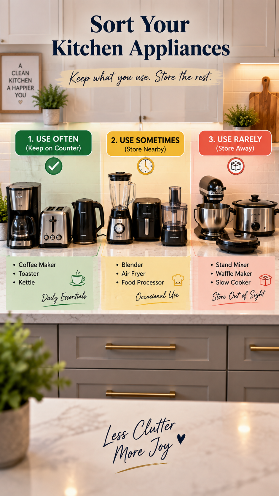 Small kitchen appliances sorted into three groups on a counter based on how often they are used
