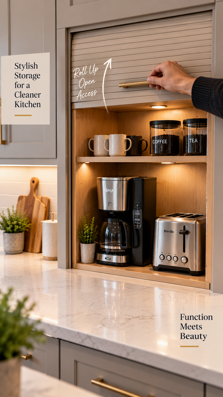 A roll top tambour door appliance garage cabinet open to show a coffee maker and toaster stored inside