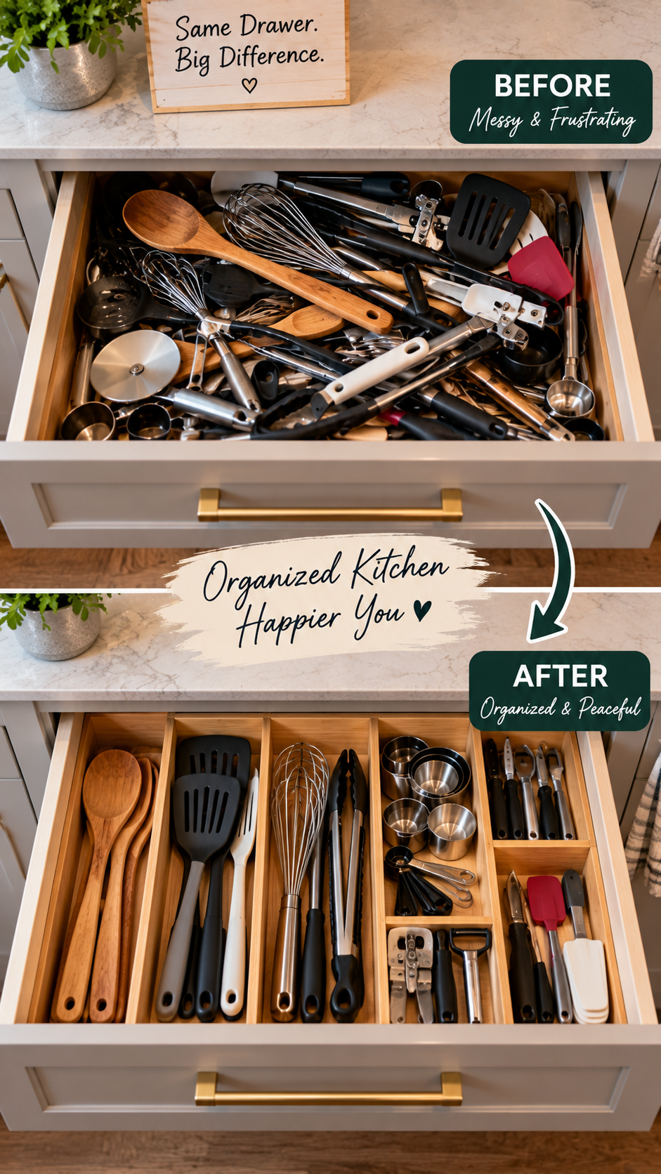 A kitchen drawer with dividers keeping utensils separated and organized instead of tangled together