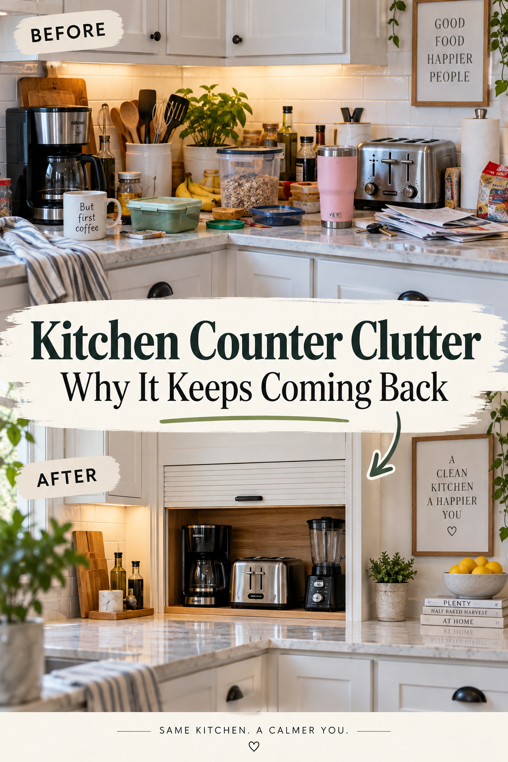 Pinterest graphic reading Kitchen Counter Clutter Why It Keeps Coming Back over a before and after of a cluttered and clear counter