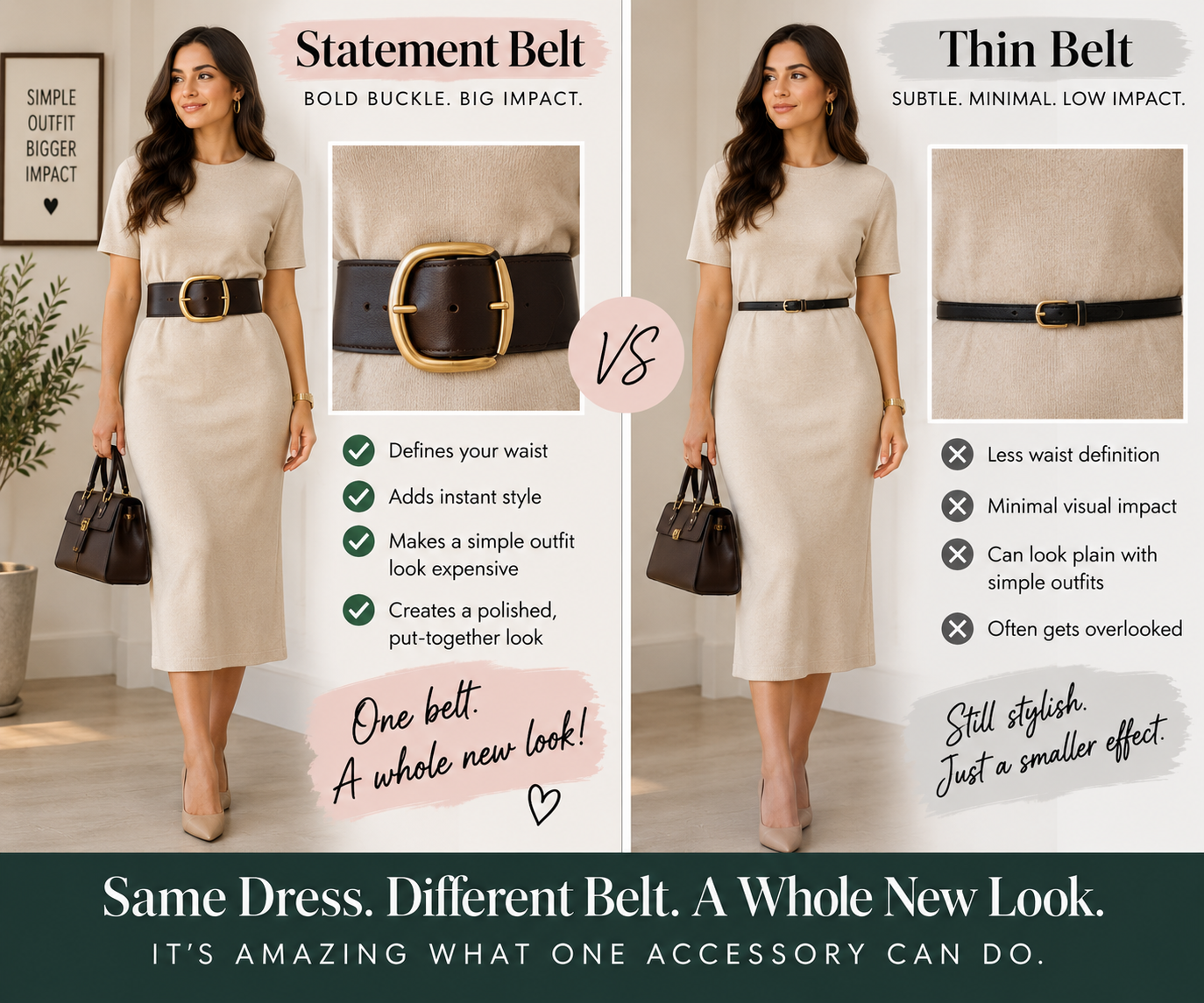 A wide statement belt with a large buckle next to a thin plain belt, showing the difference in visual weight