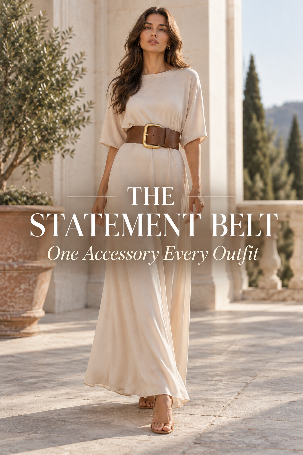 Pinterest graphic reading The Statement Belt One Accessory Every Outfit over a wide gold buckle belt on a plain dress