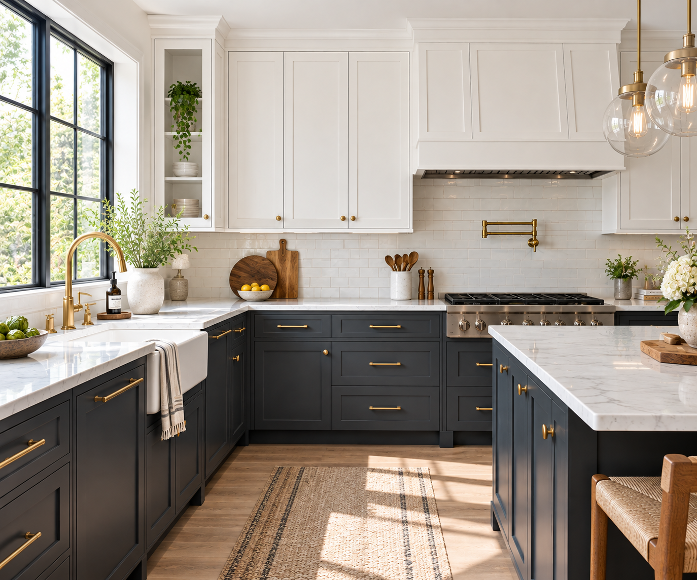 A bright kitchen with charcoal lower cabinets and crisp white upper cabinets under strong natural light