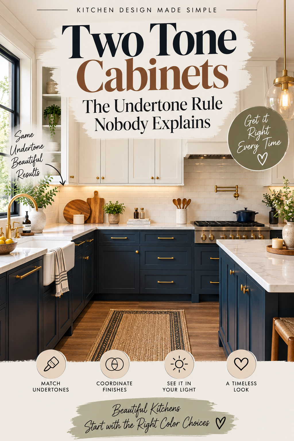 Pinterest graphic reading Two Tone Cabinets The Undertone Rule Nobody Explains over a navy and warm white kitchen