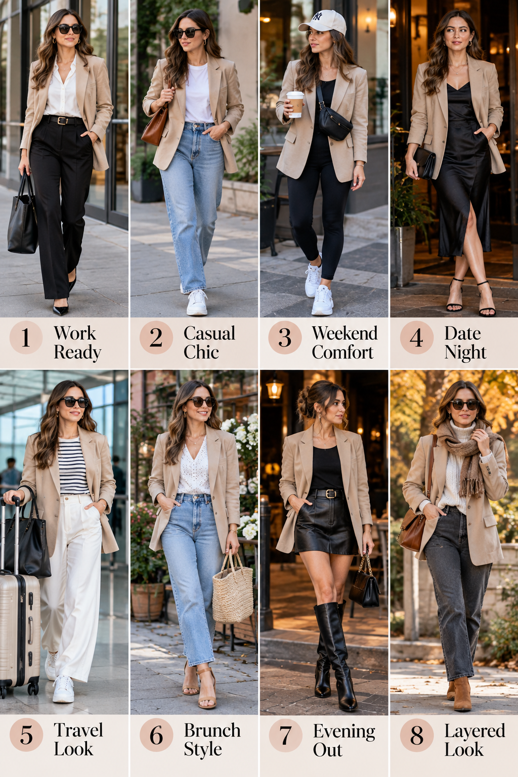 One structured blazer worn eight different ways, from a work outfit to a casual weekend look