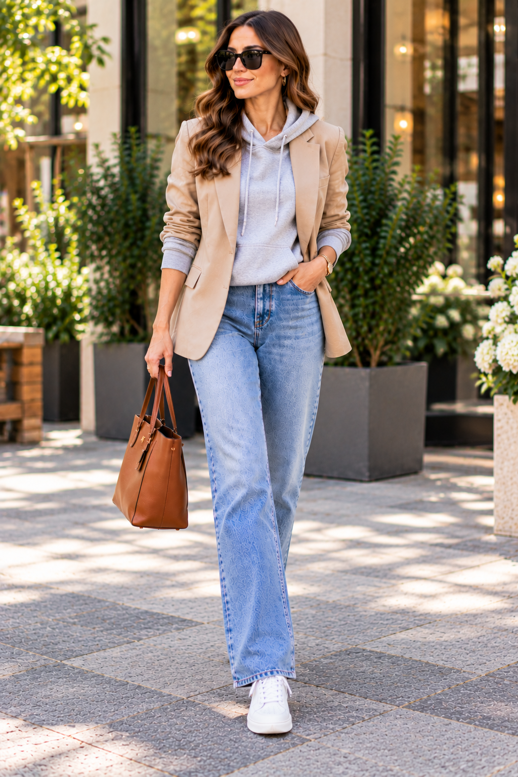 Structured blazer layered over a hoodie for an unexpected casual mixed formal outfit