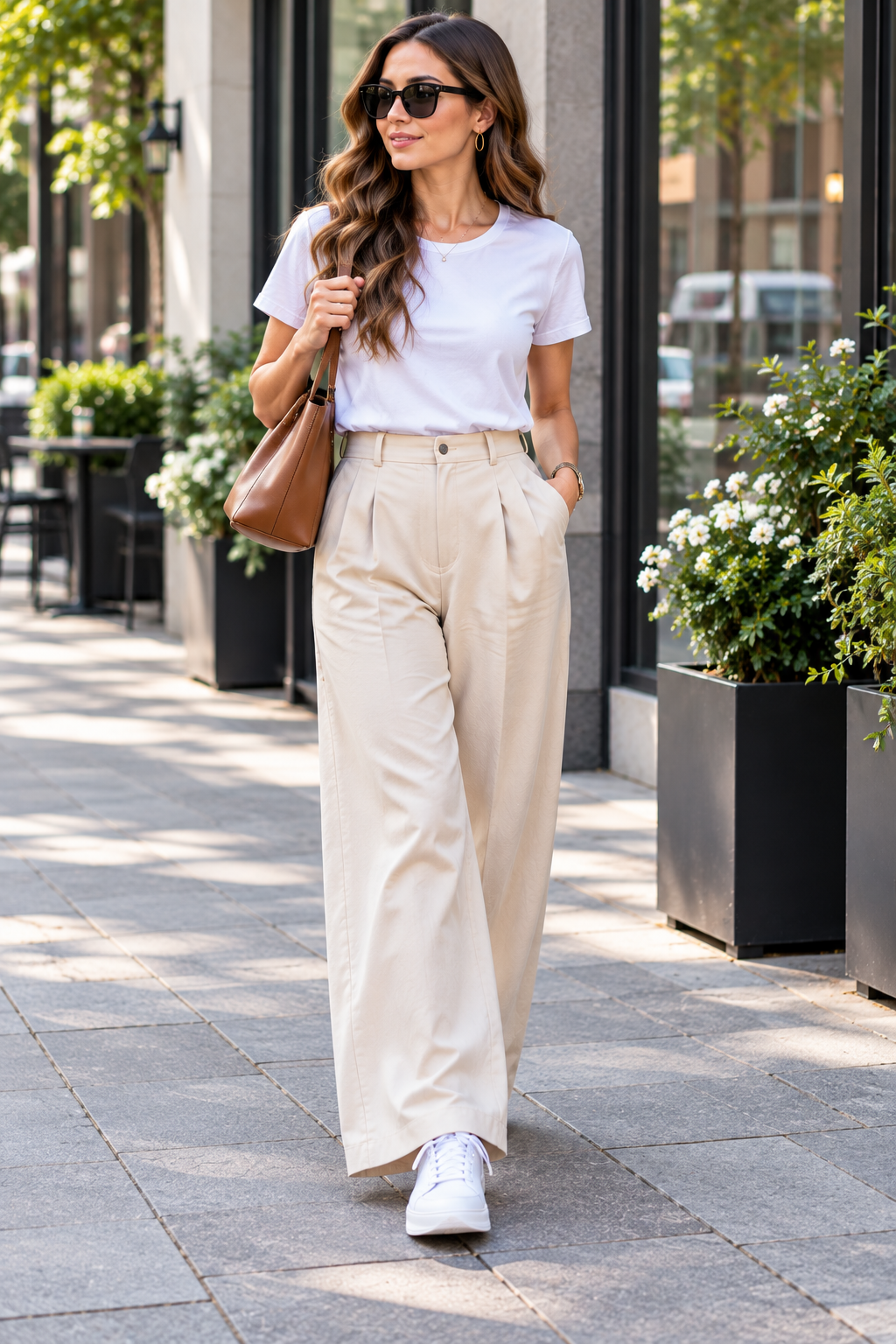 wide-leg-trousers-look-2-sneakers-casual Wide leg trousers paired with sneakers for a casual everyday outfit,
