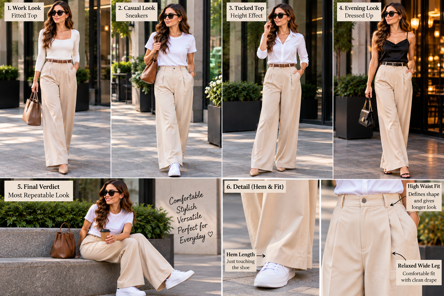 wide-leg-trousers-detail-hem-fit Close detail of wide leg trousers showing hem length and fit at the waist