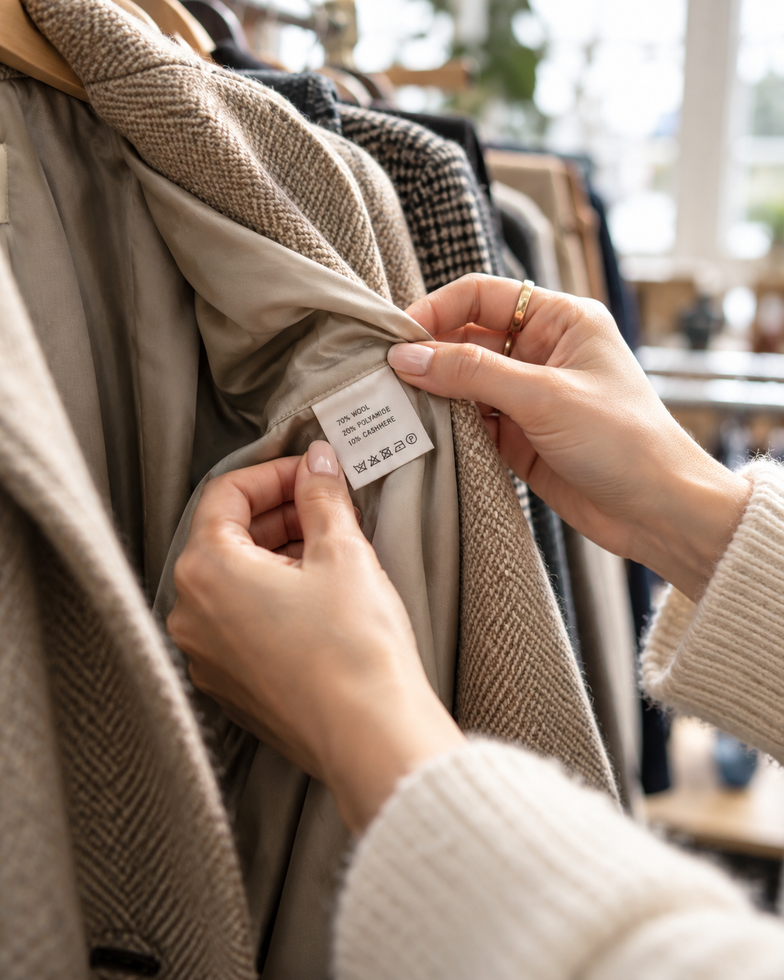 Checking the fabric content label on a secondhand clothing item before purchase