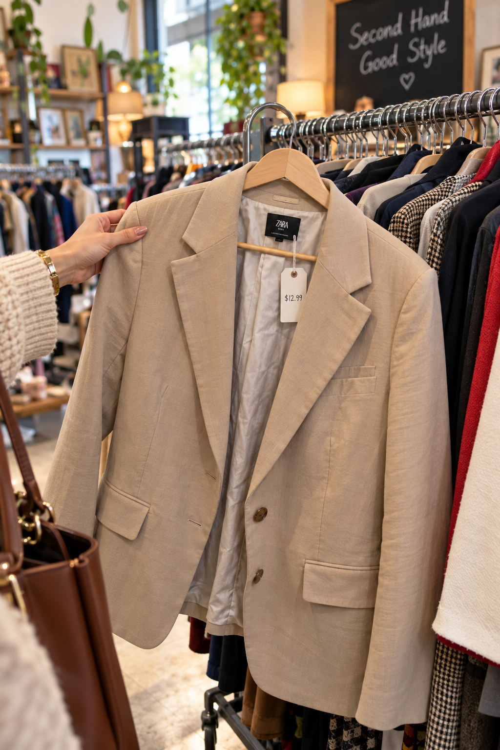 A thrifted blazer found secondhand, shown on the hanger before alterations